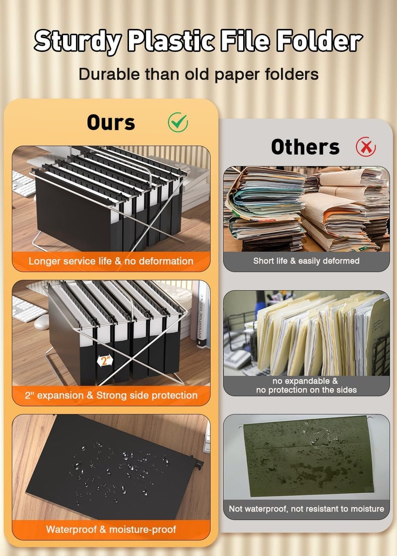 SHUTEX Extra Capacity Legal Size Hanging File Folders,12 Pack Reinforced Plastic Hanging Folder, Heavy Duty 2 Inch Expansion, Filing Cabinet Folders for Bulky Files, Medical Charts, Black - Image 3